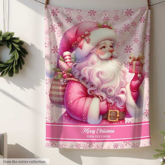 Filles Pink Père Noël Couverture de Noël Nom perso (Girls Pink Santa Christmas Blanket Custom Name)
