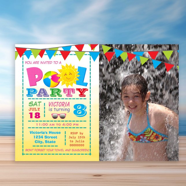 Filles Pool Invitations de fête d'anniversaire ave (Cute any number pool birthday party invitation. Simply add your details and photo.)