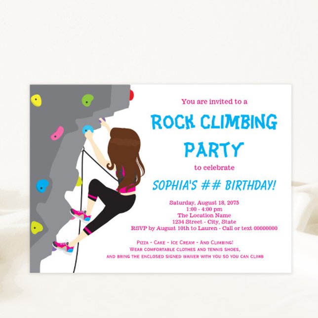 Filles Rock Escalade Anniversaire Invitations (Cute colorful rock climbing party invitation.)