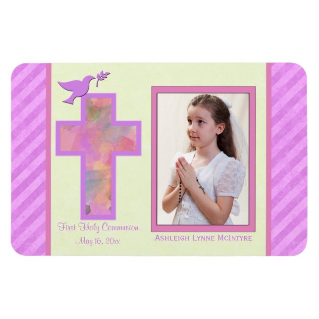 Filles rose rayé 1ère Sainte Communion Magnet phot (Horizontal)