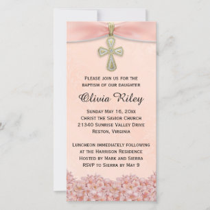 Filles roses Baptême Christening Invitation