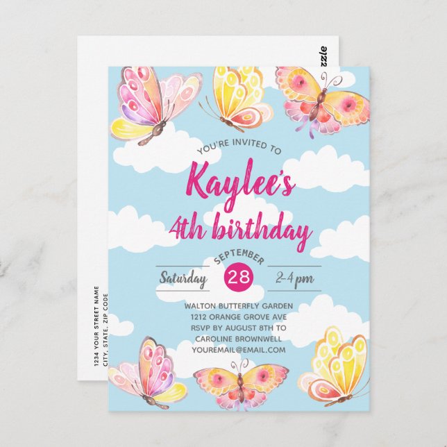 Filles roses Papillon Anniversaire Invitation (Devant / Derrière)