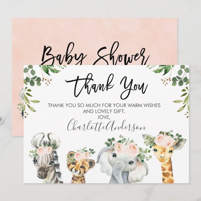 Filles Safari Animaux Carte de remerciements Baby  (Devant / Derrière)