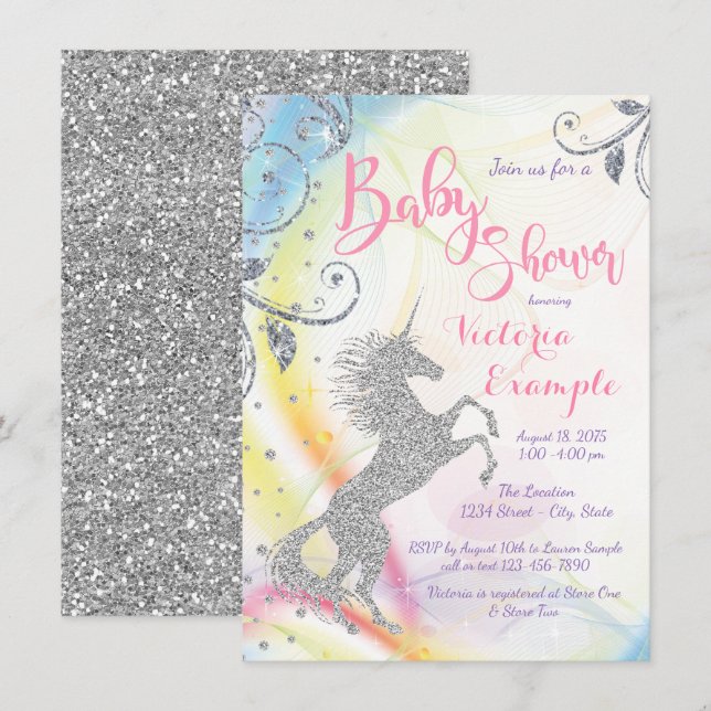 Filles Silver Unicorn Baby Shower Invitations (Devant / Derrière)