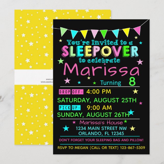 Filles Sleepover Anniversaire Invitation Fête de b (Devant / Derrière)