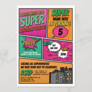 Fille's Superhero Invitation Party Pink Comic