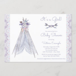 Filles TeePee Baby shower Invitation Lavande Dente
