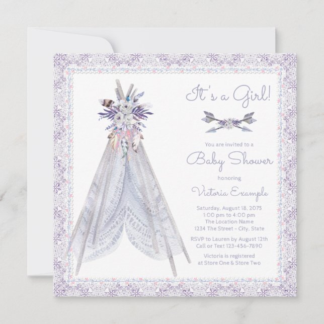 Filles TeePee Baby shower Invitation Lavande Dente (Devant)