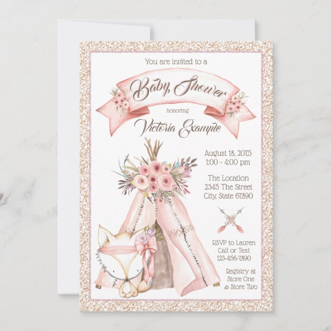 Filles TeePee Fox Tribal Baby Shower Invitations (Devant)
