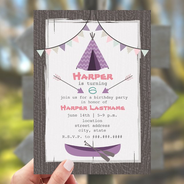 Filles Tipi Invitation fête d'anniversaire rose +  (Créateur téléchargé)