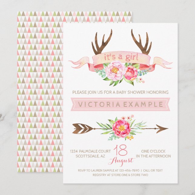 Filles Tribal Antler Baby Shower Invitations (Devant / Derrière)