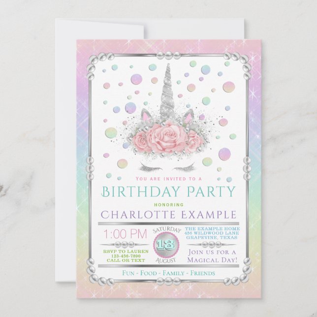 Filles Unicorn Invitations de fête d'anniversaire (Devant)