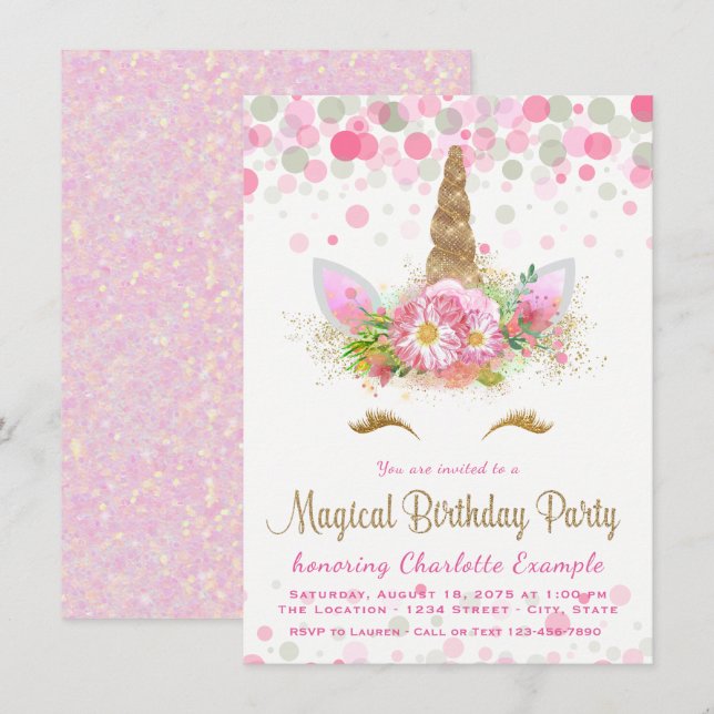 Filles Unicorn Visage Anniversaire Invitations (Devant / Derrière)