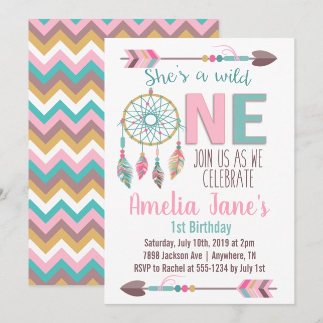 Filles Wild One First Birthday Invitation (Devant / Derrière)