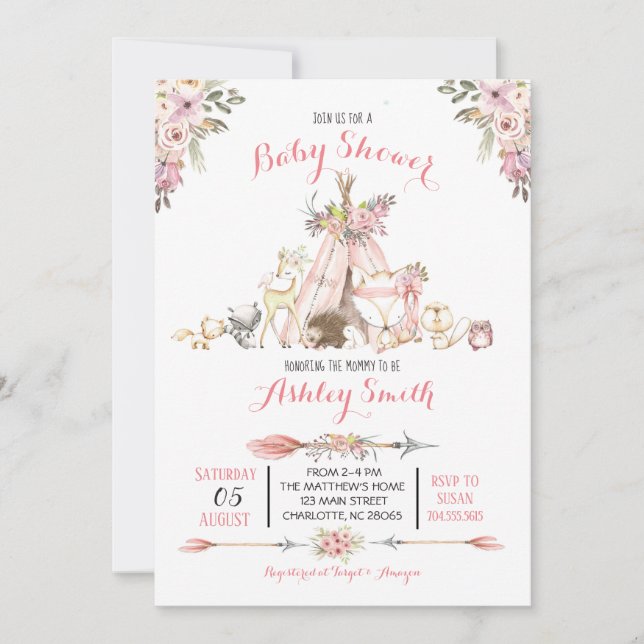 Filles Woodland Baby Shower Invitations (Devant)
