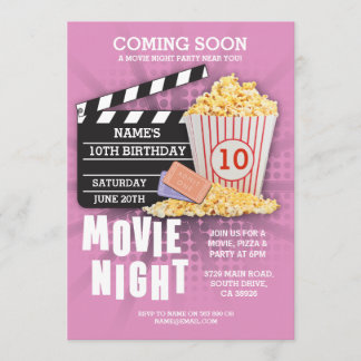 Film-Nachtfilm-Kino-Geburtstags-Party-Rosa laden Einladung