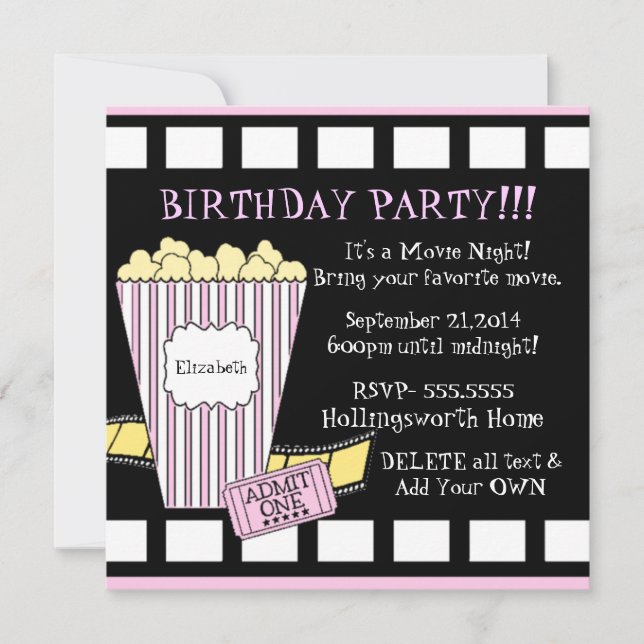 Film-Nachtpopcorn-Film-Streifen-Party im Rosa Einladung (Vorderseite)
