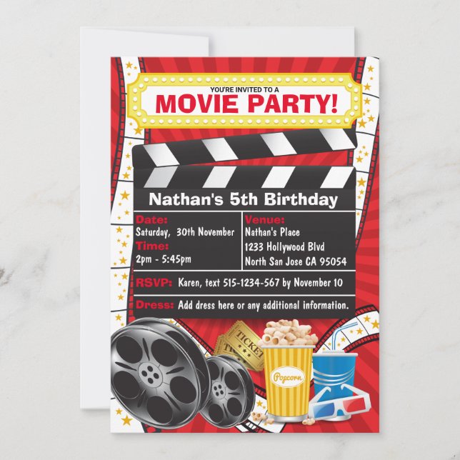 Filmabend Hollywood Clapper Birthday Einladung (Vorderseite)