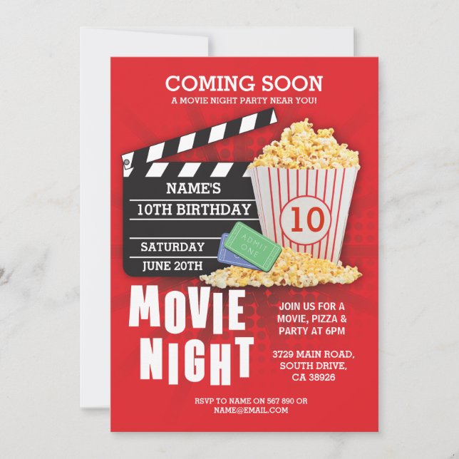Filmabend Kino Geburtstagsparty Rote Einladung (Vorderseite)