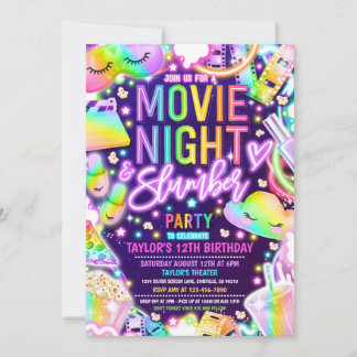 Filmabend Slumber Party Neonbogen Geburtstag Einladung