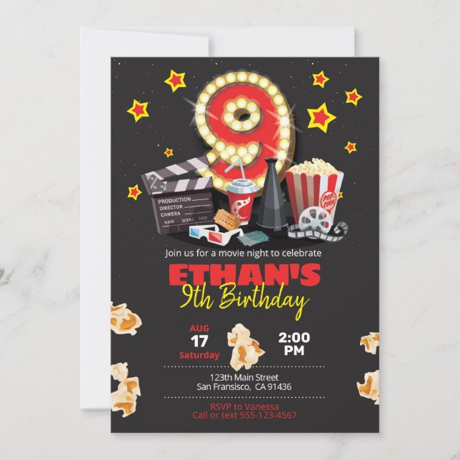 Filmabend, Theater - Einladung zum 9. Geburtstag (Vorderseite)