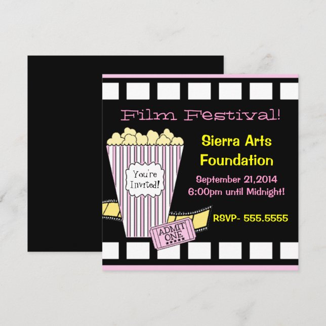 Filmfestival Gelb und Rosa Popcorn Filmstreifen Einladung (Vorne/Hinten)
