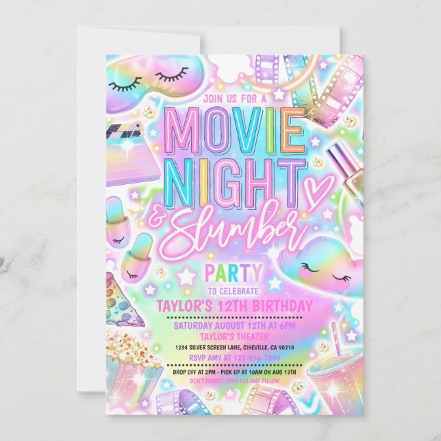 Filmnacht Slumber Party Pastell Rainbow Geburtstag Einladung (Vorderseite)