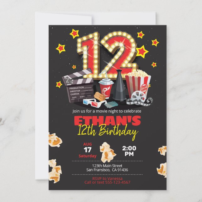 Filmnacht, Theater - Einladung zum 12. Geburtstag (Vorderseite)