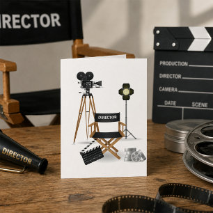 Filmregisseursessel und Vintage-Filmkamera-Set Karte