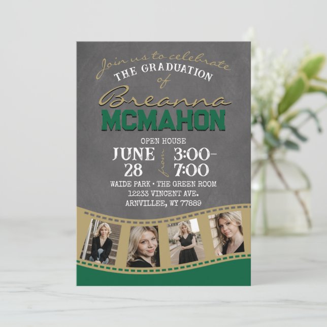 Filmstrip-Abschluss mit Green & Gold Chalkboard Einladung (Stehend Vorderseite)