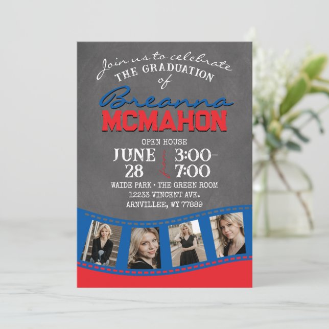 Filmstrip-Abschluss: Red & Blue Chalkboard Einladung (Stehend Vorderseite)