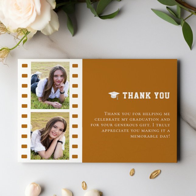 Filmstrip Foto Collage Abschluss | Orange Dankeskarte (Orange Filmstrip Photo Collage Graduation Thank You Cards)