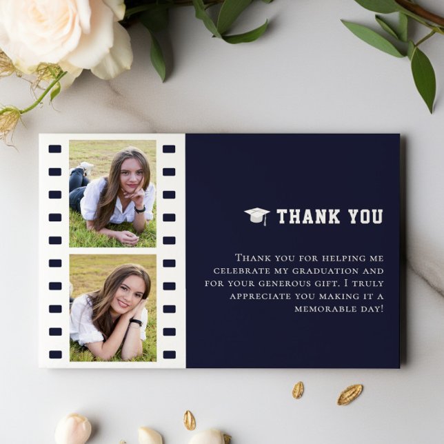 Filmstrip Photo Collage Graduation Merci bleu (Blue Filmstrip Photo Collage Graduation Thank You Cards)