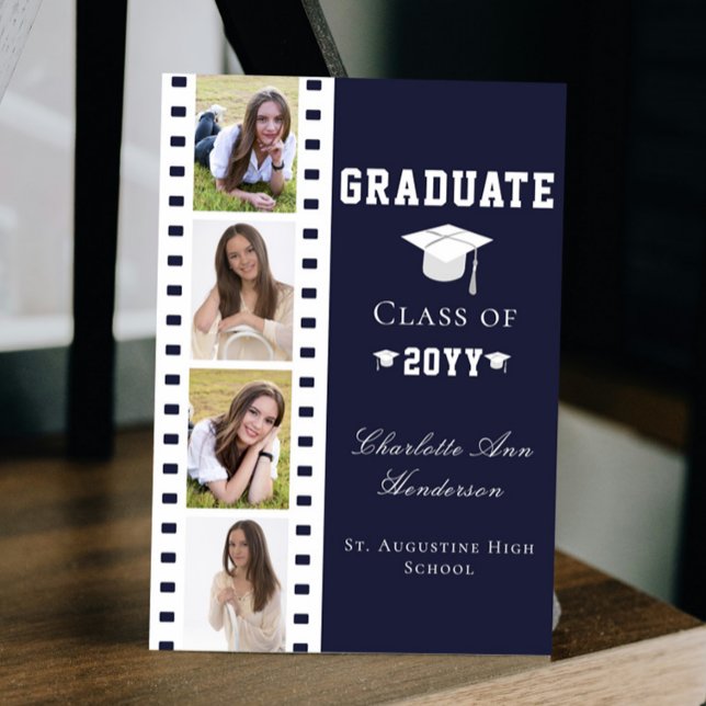 Filmstrip Vier Fotocollage Abschluss | Blau Einladung (Blue Filmstrip Four Photo Collage Graduation Announcement Invitation)