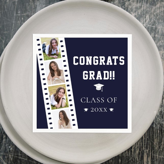 Filmstrip Vier Fotocollage Abschluss | Blau Serviette (Blue Filmstrip Four Photo Collage Graduation Party Napkins)