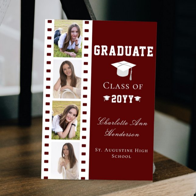Filmstrip Vier Fotocollage Abschluss | Rot Einladung (Red Filmstrip Four Photo Collage Graduation Announcement Invitation)