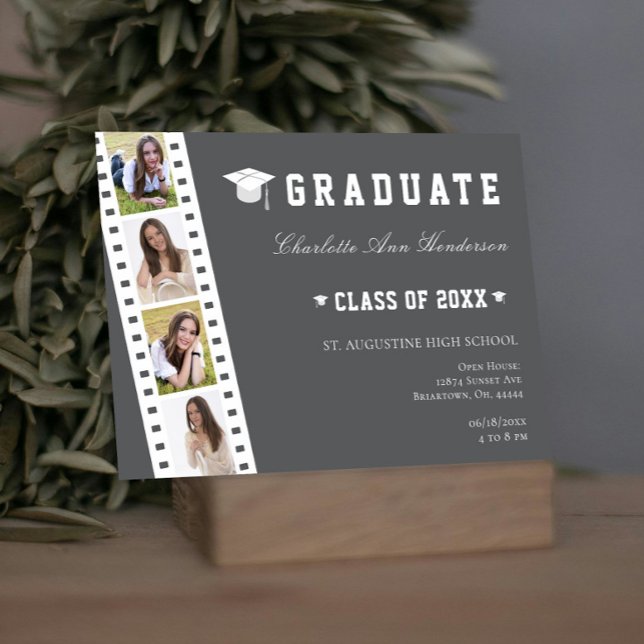 Filmstrip Vier Fotomaterial Open House | Grau Einladung (Gray Filmstrip Four Photo Collage Graduation Open House Invitation)