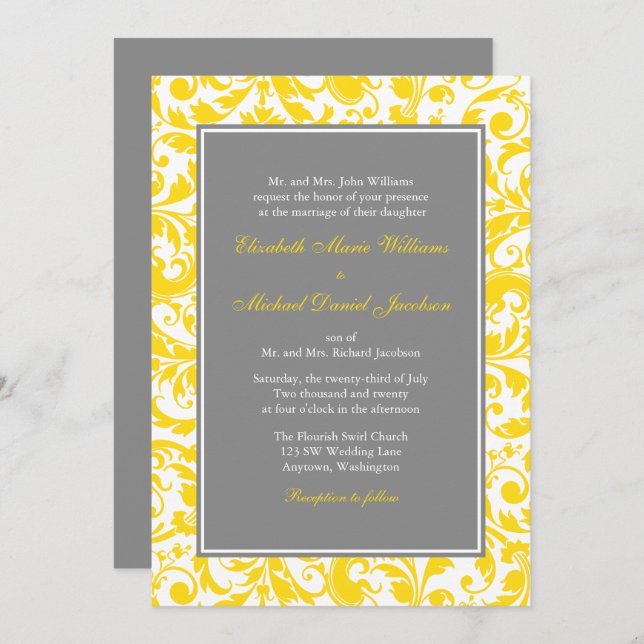 Fils de Damas Jaune et Gris Invitations de mariage (Devant / Derrière)