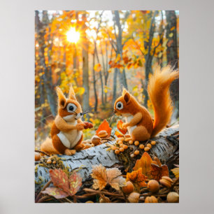 Filz-Eichhörnchen sammeln Eicheln auf dem Waldbode Poster
