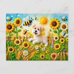 Filzhund mit Bienen in einem Sonnenblumengarten Postkarte