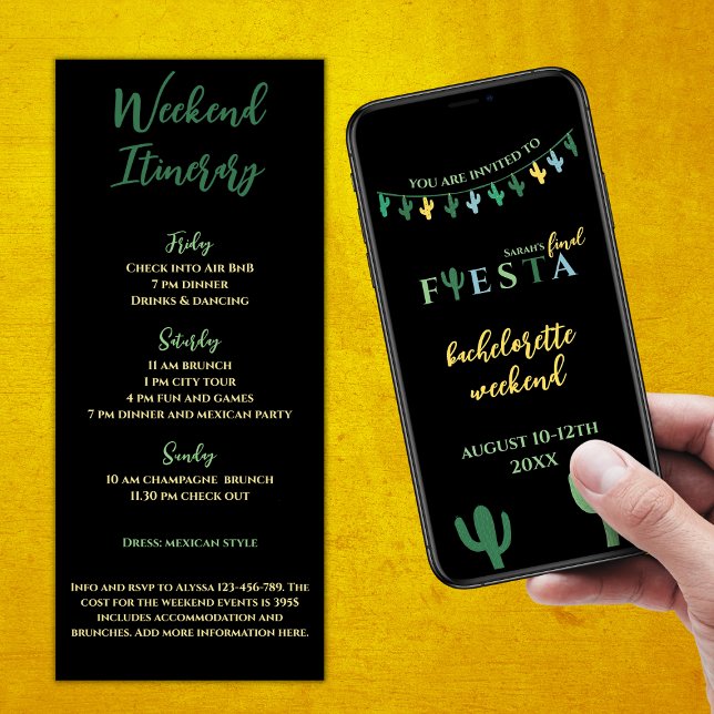 Final Fiesta Cactus Bachelorette Weekend Itinerary Einladung (Final Fiesta Mexican Bachelorette Weekend Itinerary Cactus Bachelorette Vibrant Green And Yellow)
