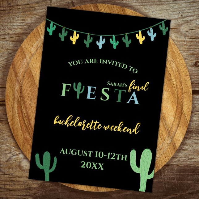 Final Fiesta Cactus Bachelorette Weekend Itinerary Einladung (final fiesta weekend itinerary bachelorette party invitation cactus green and yellow mexican themed)
