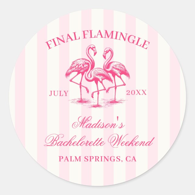 Final Flamingle Pink Striped Bachelorette Runder Aufkleber (Vorderseite)