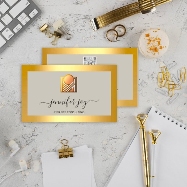 Finance Consulting Broker Gold Gray Logo QR Visitenkarte (Finance Consulting Broker Gold Gray Logo QR Business Card)