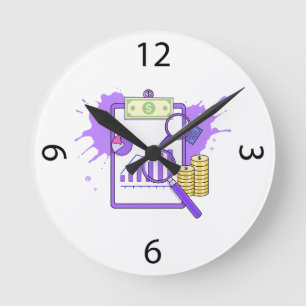 Finanzanalysebericht Geld Lupe Runde Wanduhr