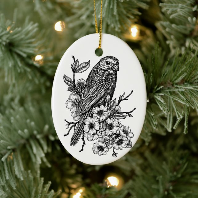 Finch auf Kirschzweig Keramik Ornament (Baum)
