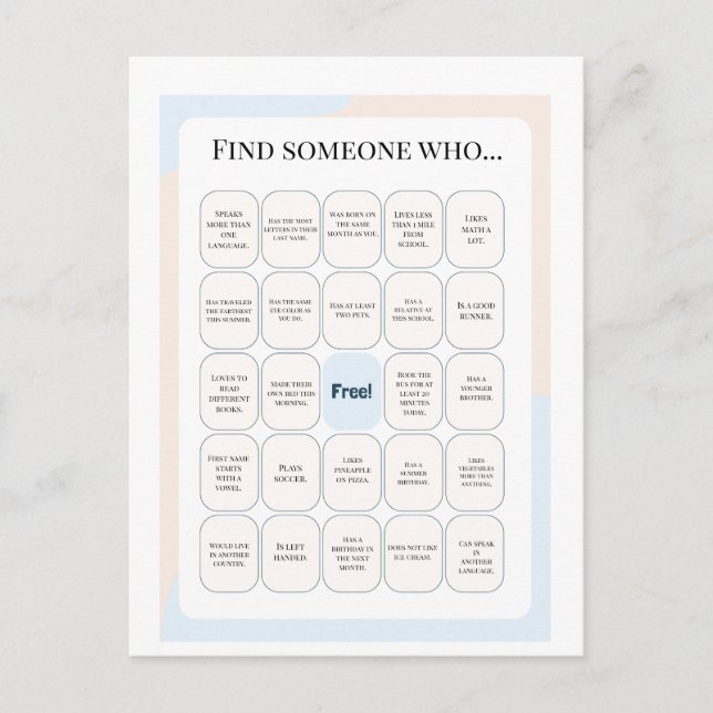 Find Someone Who Classroom Bingo Activity Postkarte (Vorderseite)