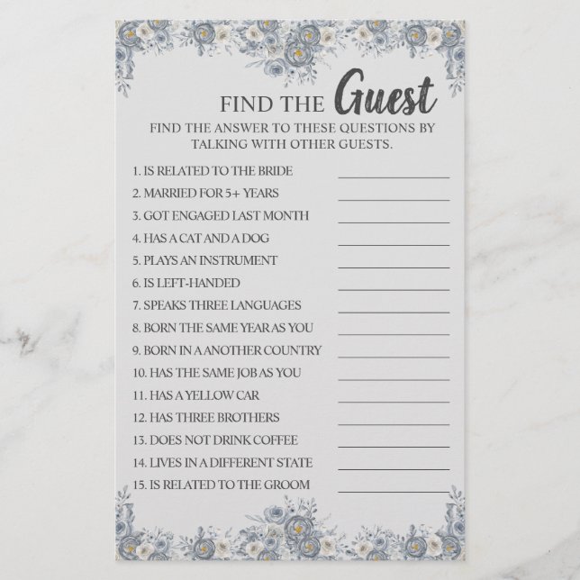 Find the Guest Grey Floral Bridal Shower Game Card Flyer (Vorne)