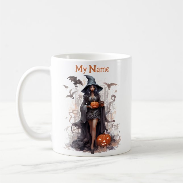 Finde mein Hexengeheimnis: Halloween Personalisier Kaffeetasse (Links)