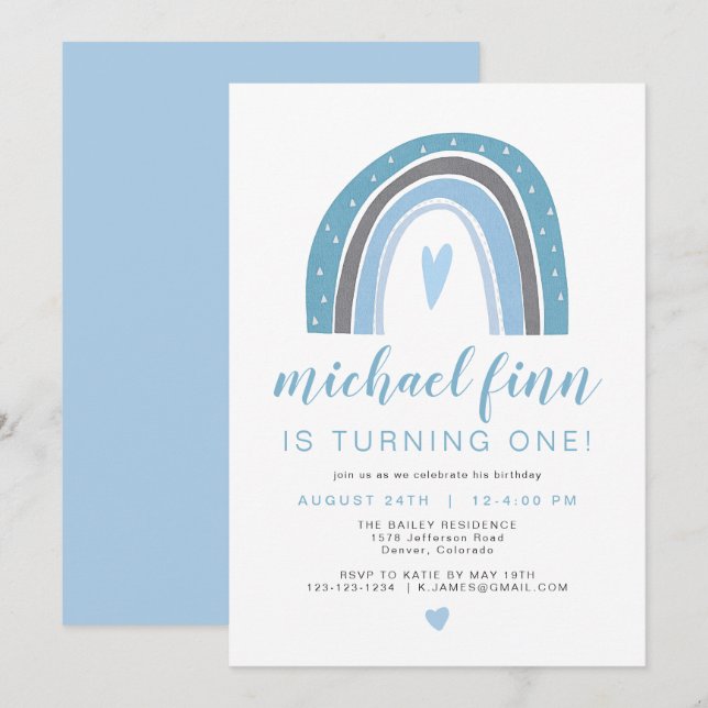 FINDEN | Dusty Blue Boho Rainbow Heart Boy Birthda Einladung (Vorne/Hinten)